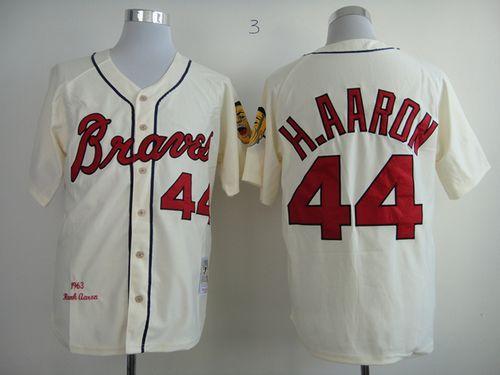 Mitchell And Ness 1963 Braves #44 Hank Aaron Cream Throwback Stitched MLB Jersey - Click Image to Close